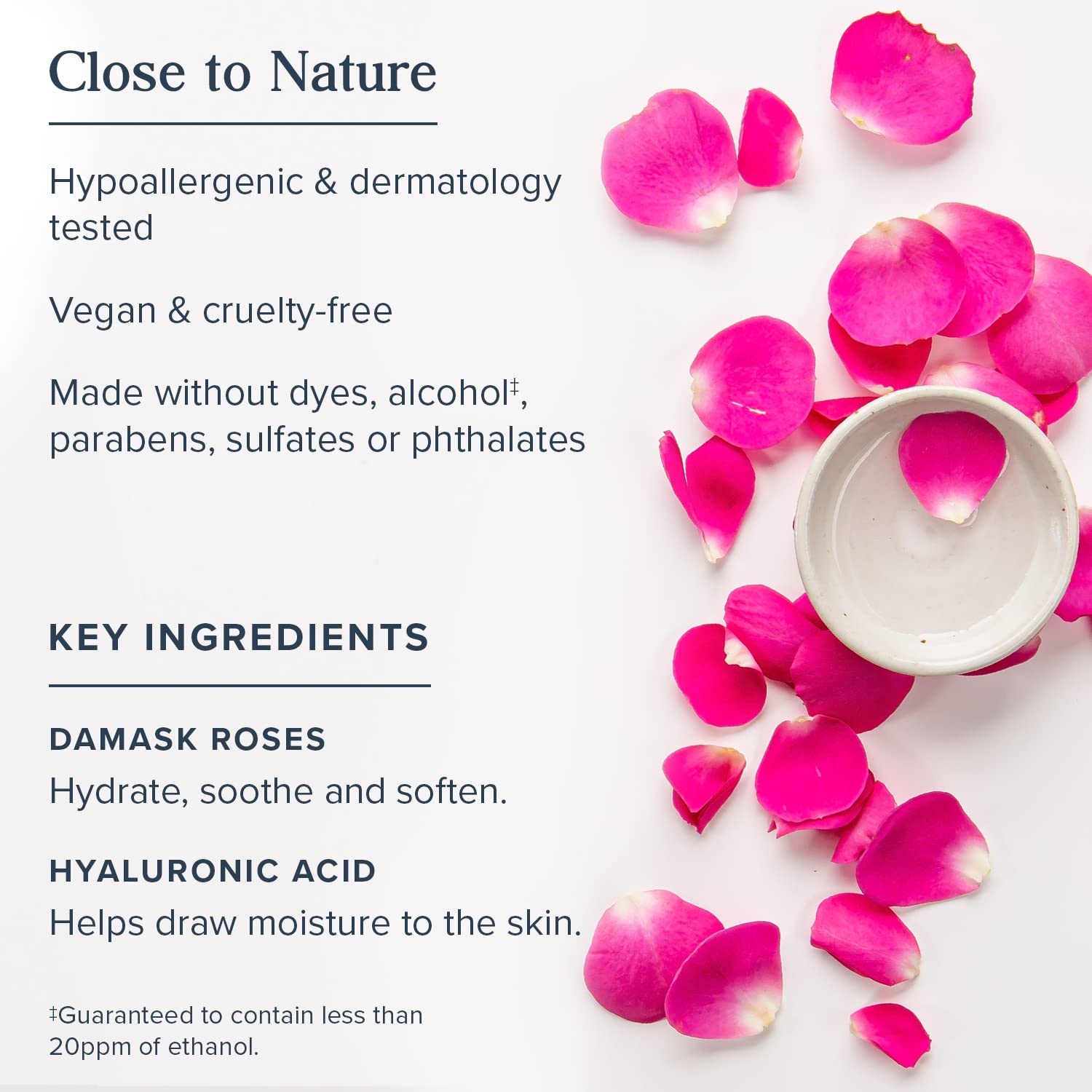 Heritage Store Rosewater Serum formula featuring rosewater and 1% hyaluronic acid for hydration