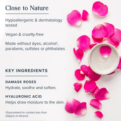 Heritage Store Rosewater Serum formula featuring rosewater and 1% hyaluronic acid for hydration