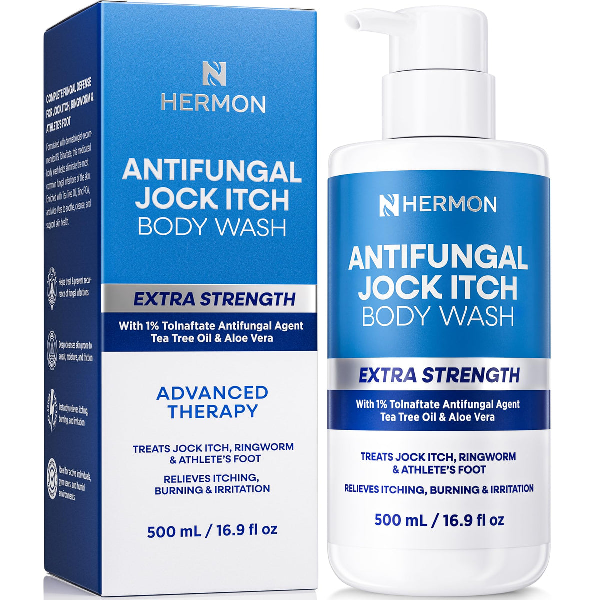 Hermon antifungal body wash bottle pouring rich lather for post-workout refreshment.