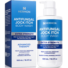 Hermon antifungal body wash bottle pouring rich lather for post-workout refreshment.