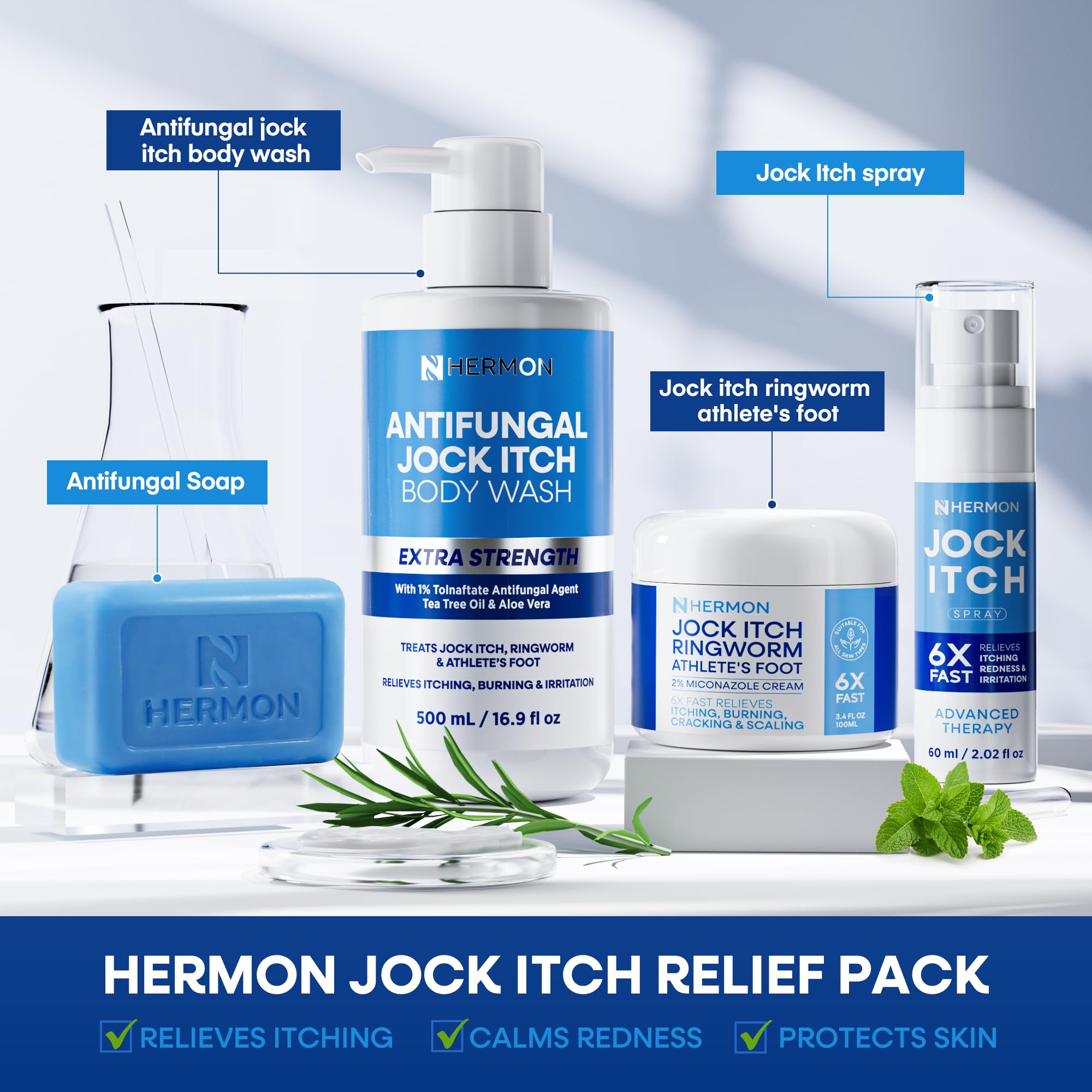 Packaging display of Hermon antifungal body wash on a shelf.
