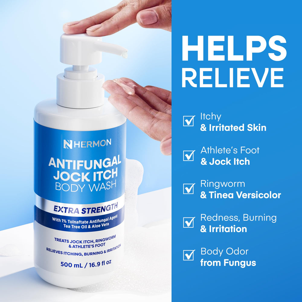 Hermon antifungal wash in lather on back and feet areas prone to fungal concerns.