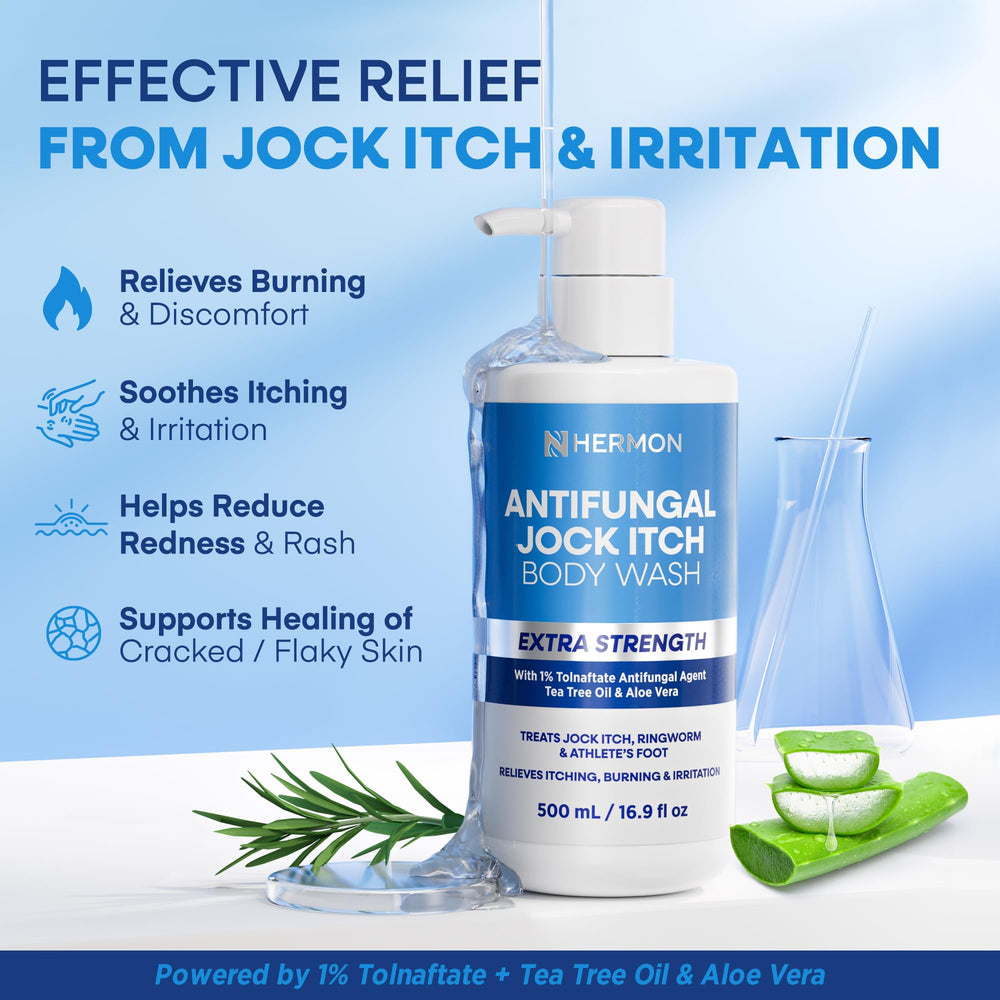 Hermon bottle highlights tea tree oil and aloe vera for soothing skin.
