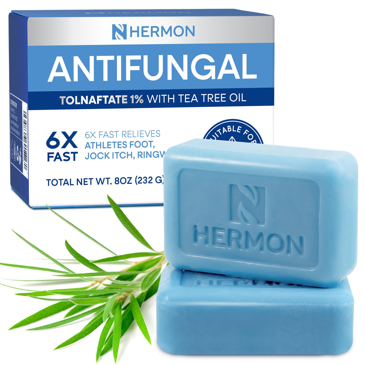 Hermon antifungal soap bar with tea tree oil cleanses after workouts.