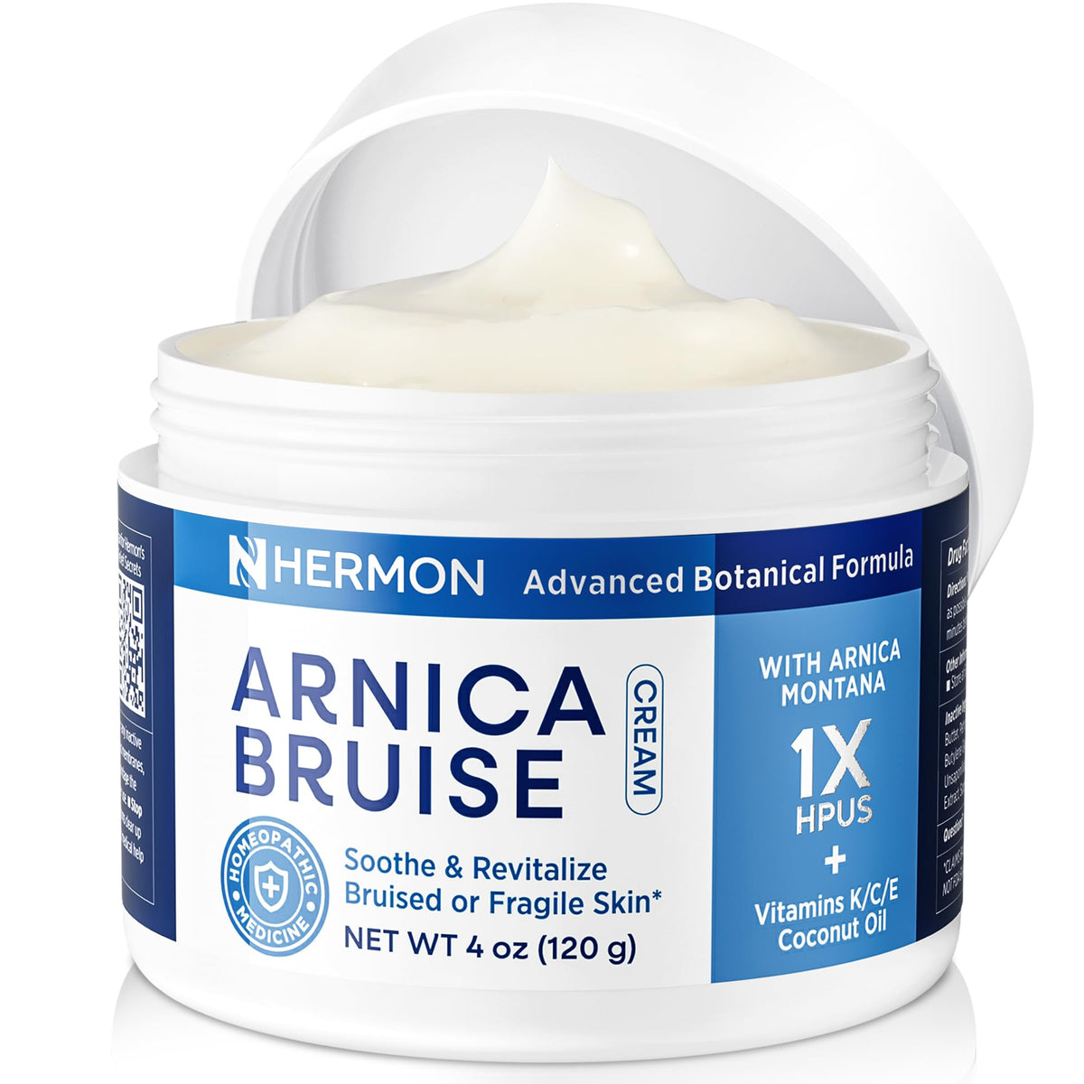 Hermon Arnica bruise cream bottle shows quick-absorbing hydration for sensitive skin.