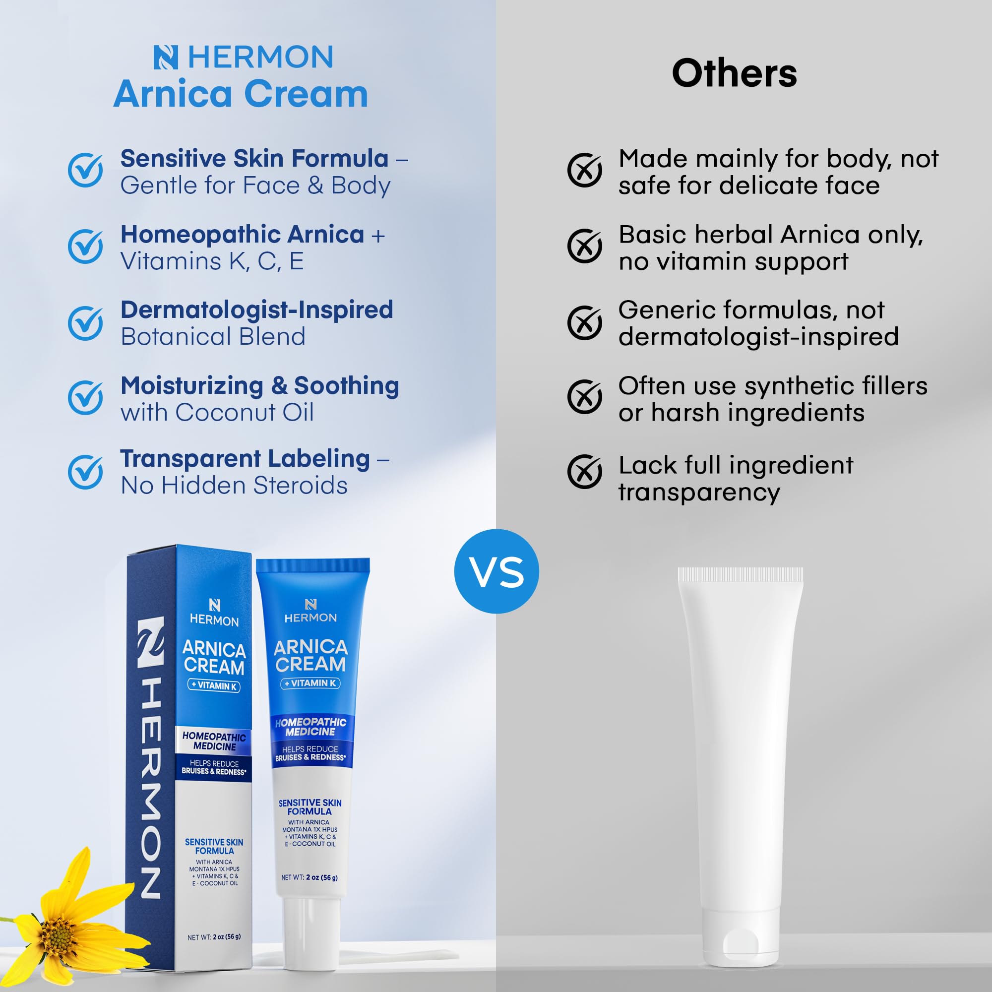 Hermon Arnica Bruise Cream 2oz packaging shot highlights portable care.