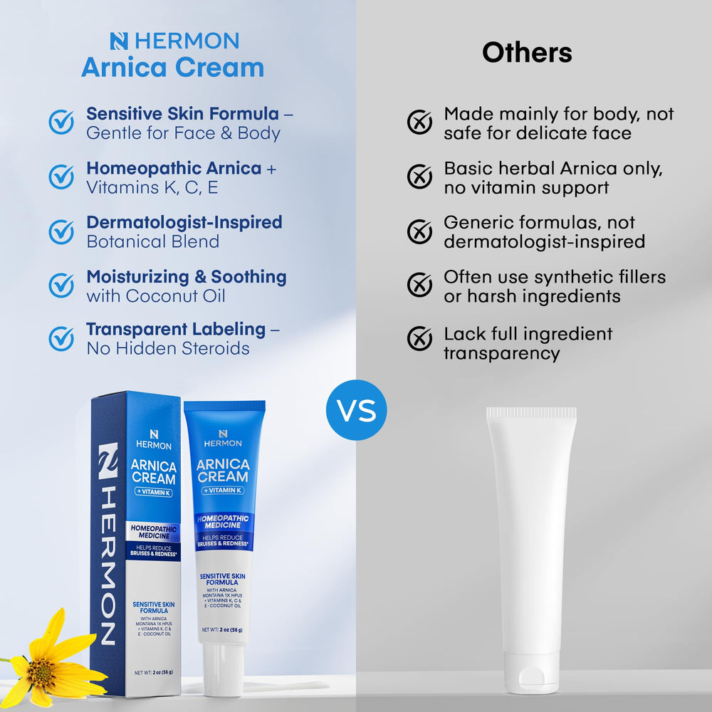 Hermon Arnica Bruise Cream 2oz packaging shot highlights portable care.