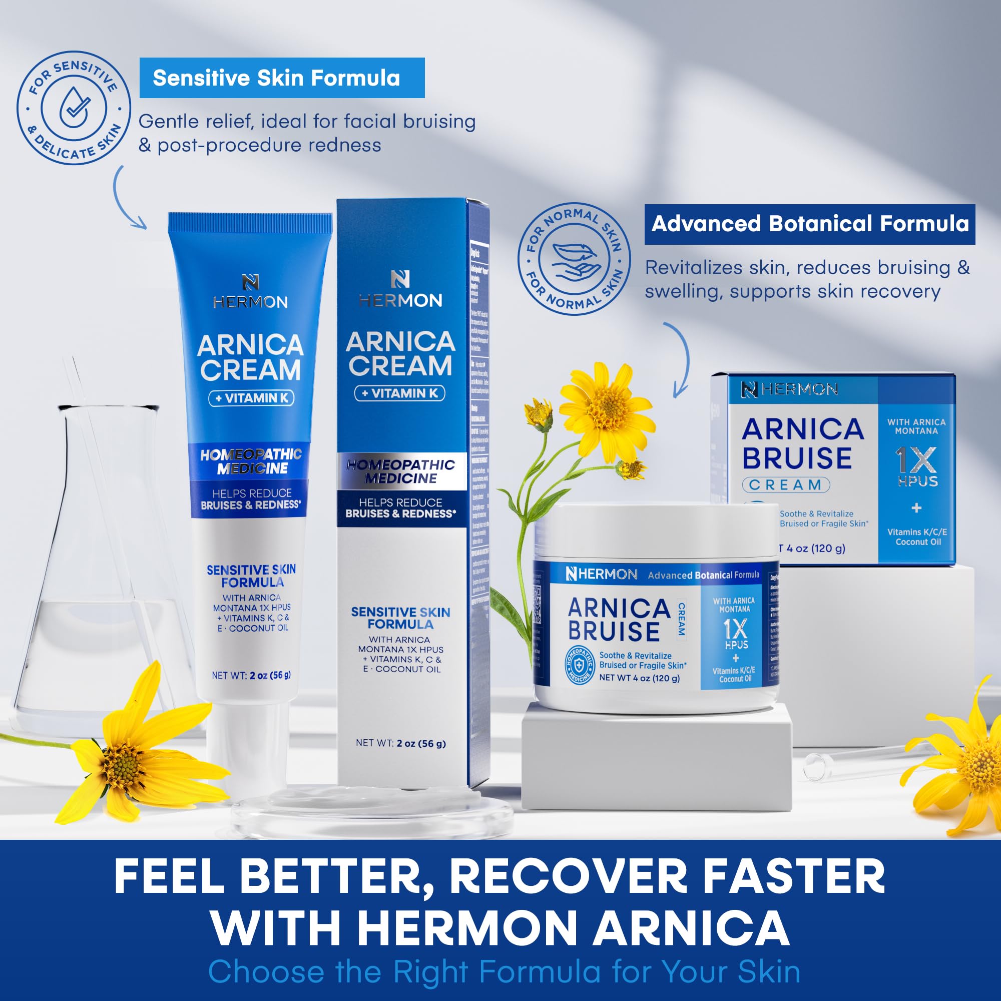 Hermon Arnica Bruise Cream face-use scene emphasizes sensitive-skin friendly formula.