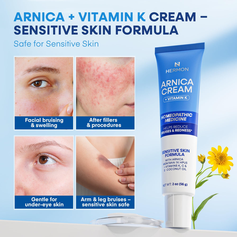 Hermon Arnica Bruise Cream Vitamin K tube demonstrates skin-supporting care for delicate areas.