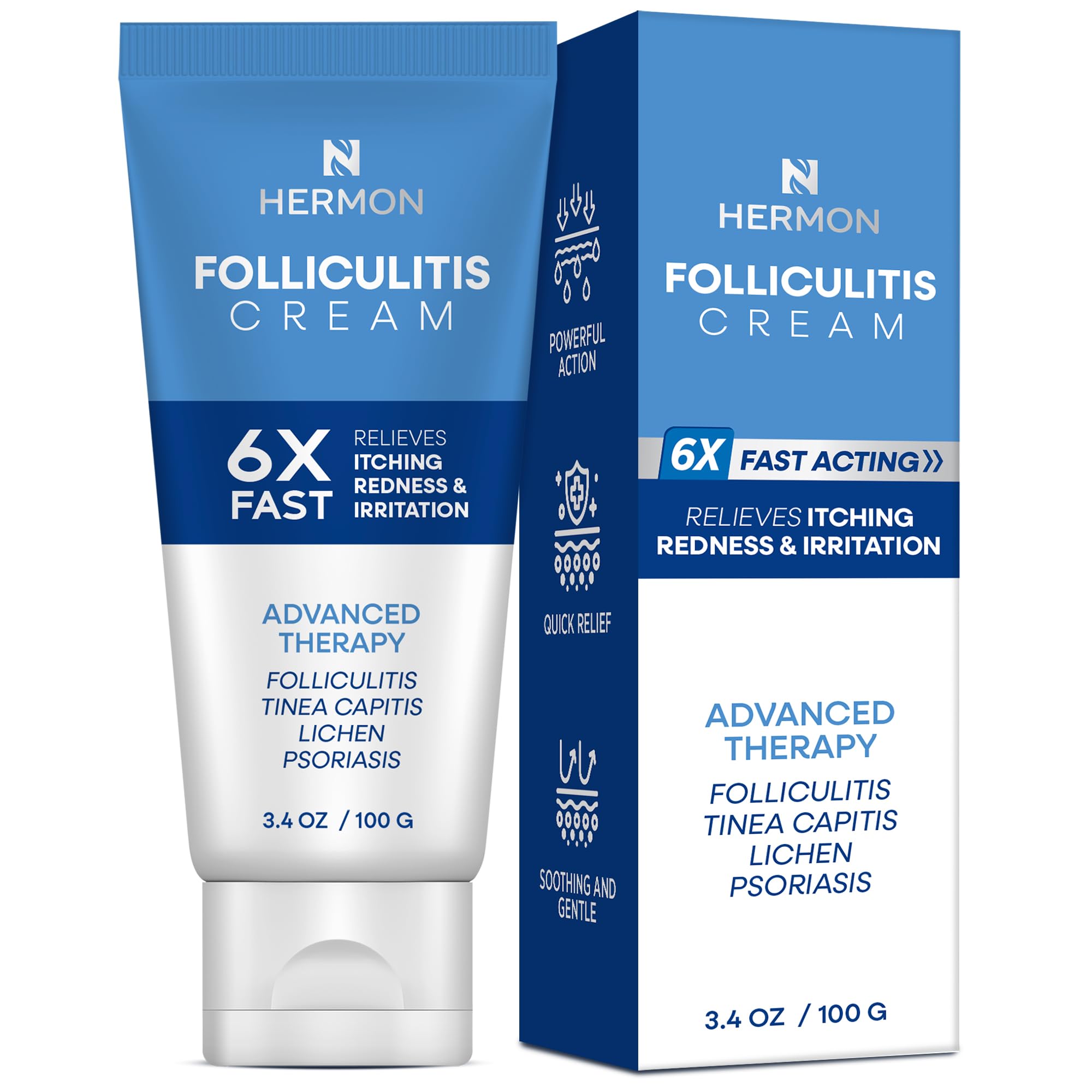 Hermon Folliculitis Treatment Cream tube on shelf showing targeted relief for irritated skin.