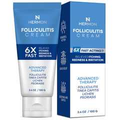 Hermon Folliculitis Treatment Cream tube on shelf showing targeted relief for irritated skin.