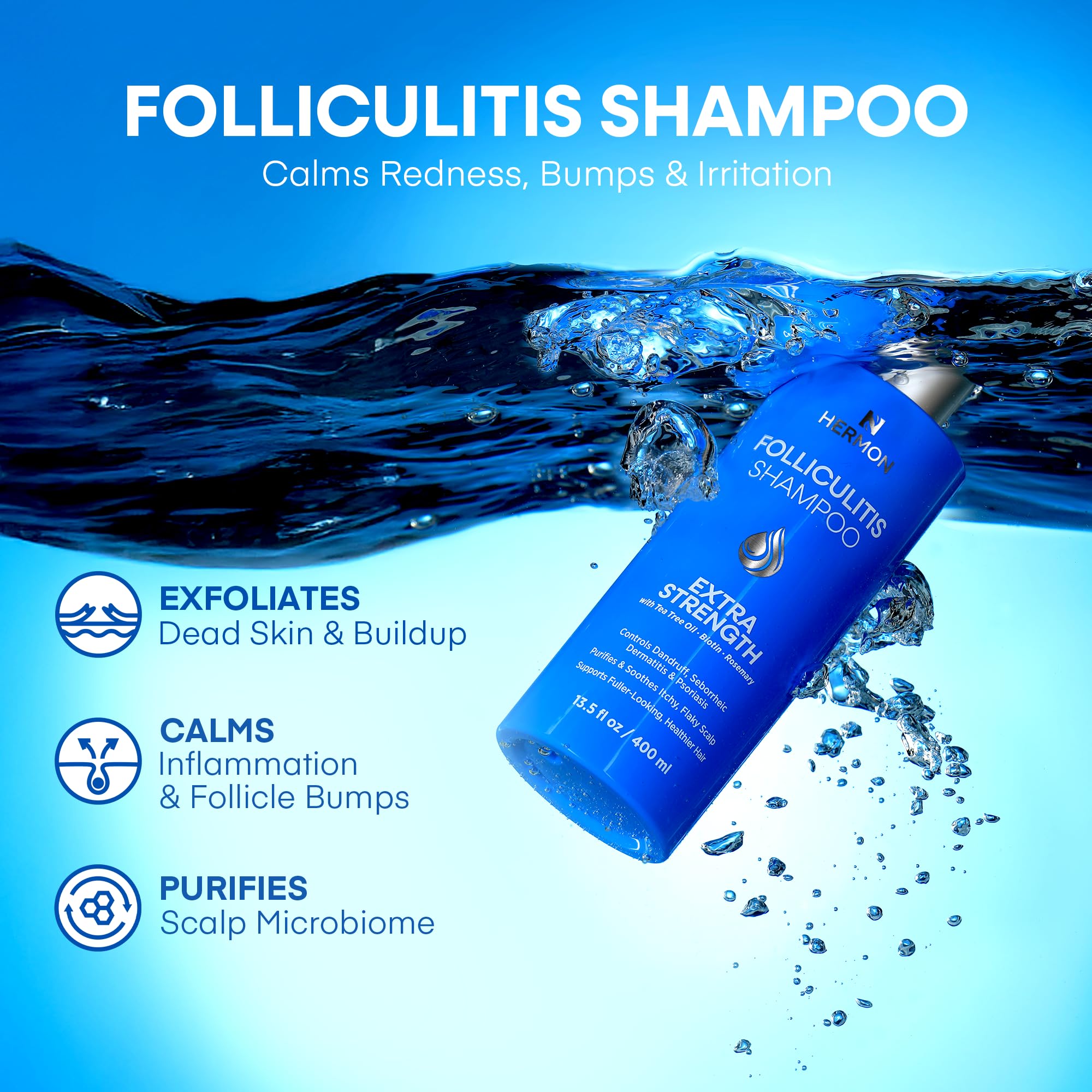 Hermon Folliculitis Shampoo ingredient panel highlights salicylic acid and tea tree oil