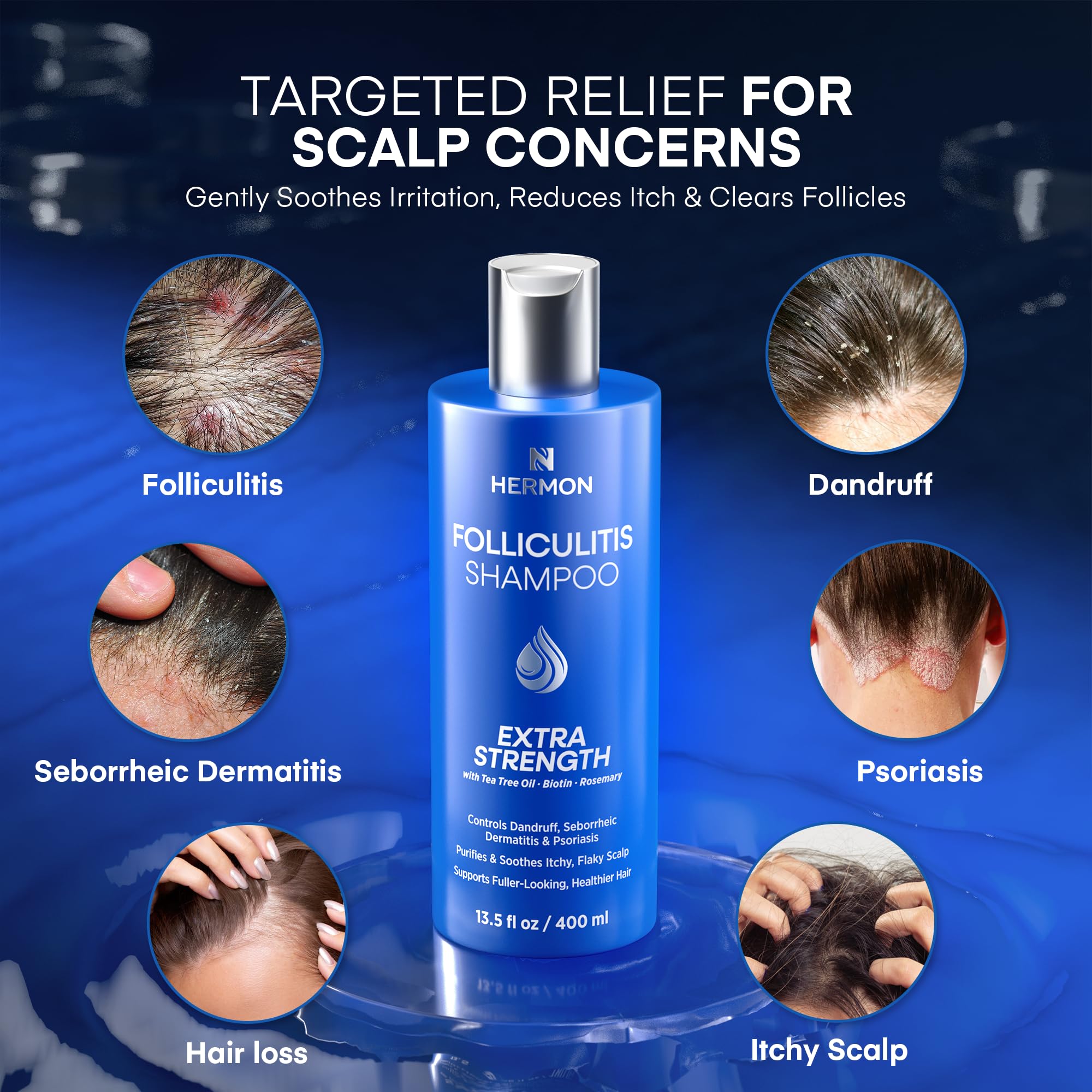 Hermon Folliculitis Shampoo lather closeup showing exfoliation benefits