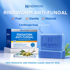 Hermon ringworm soap bottle with tea tree oil highlights soothing aroma.
