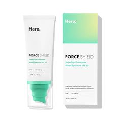 Hero Cosmetics Force Shield sunscreen outer packaging showing fragrance-free daily protection