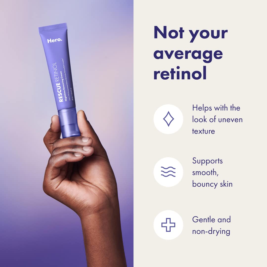 Hero Cosmetics Rescue Retinol Nighttime Cream label closeup highlights Rescue Balm Complex.