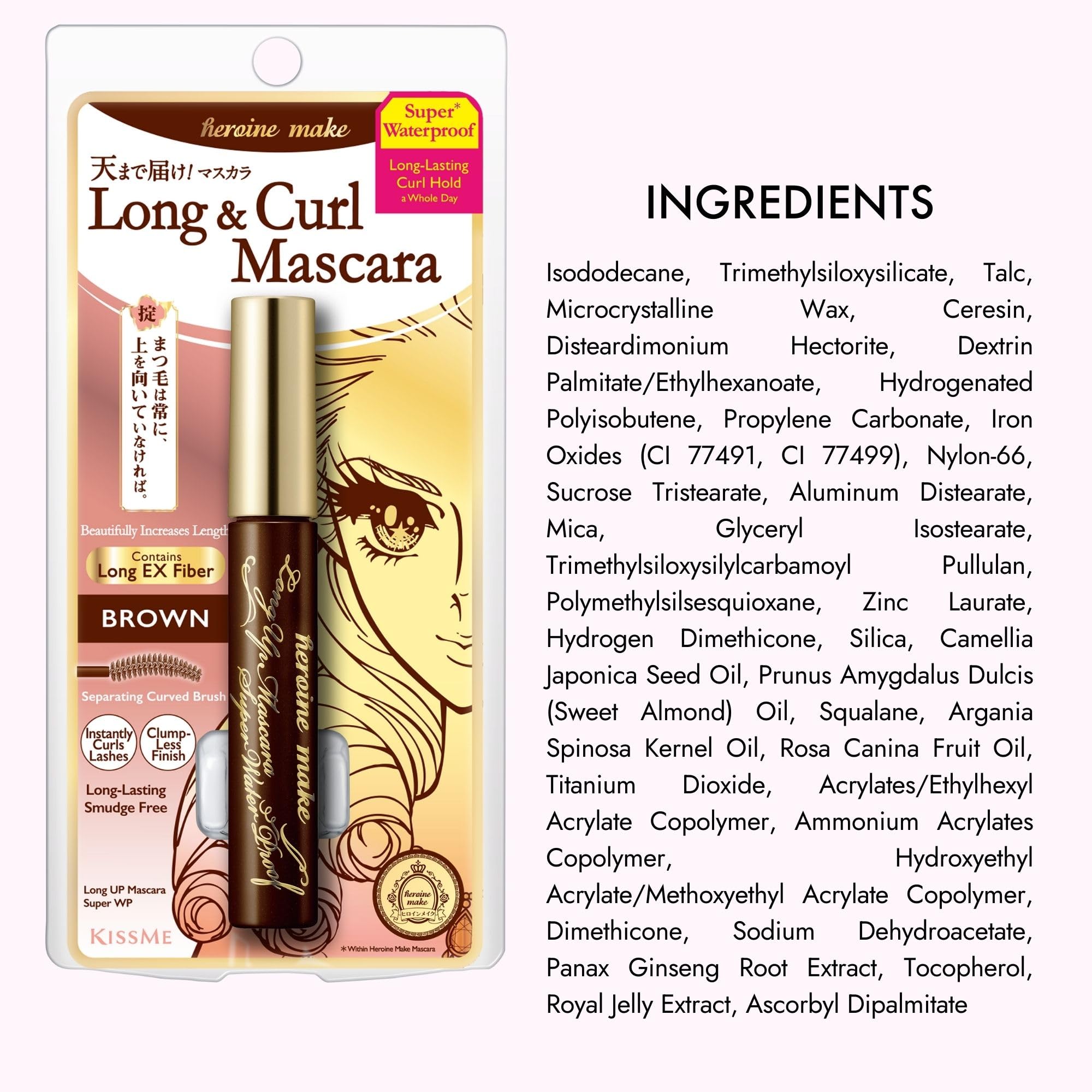 Heroine Make Brown Mascara tubing-fibers indicating longer, separated lashes