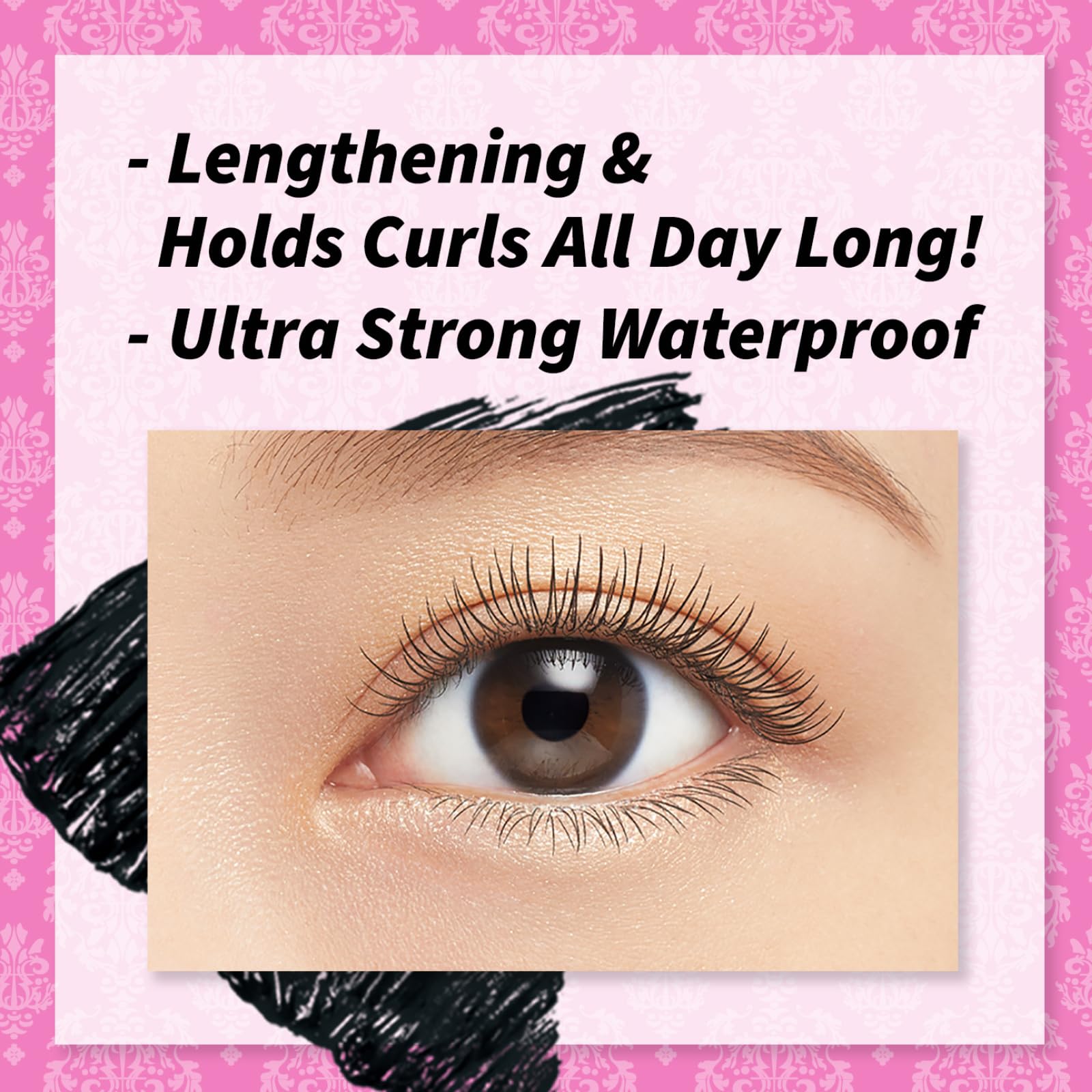 Heroine Make mascara nourishing ingredients image highlights lash-care oils.