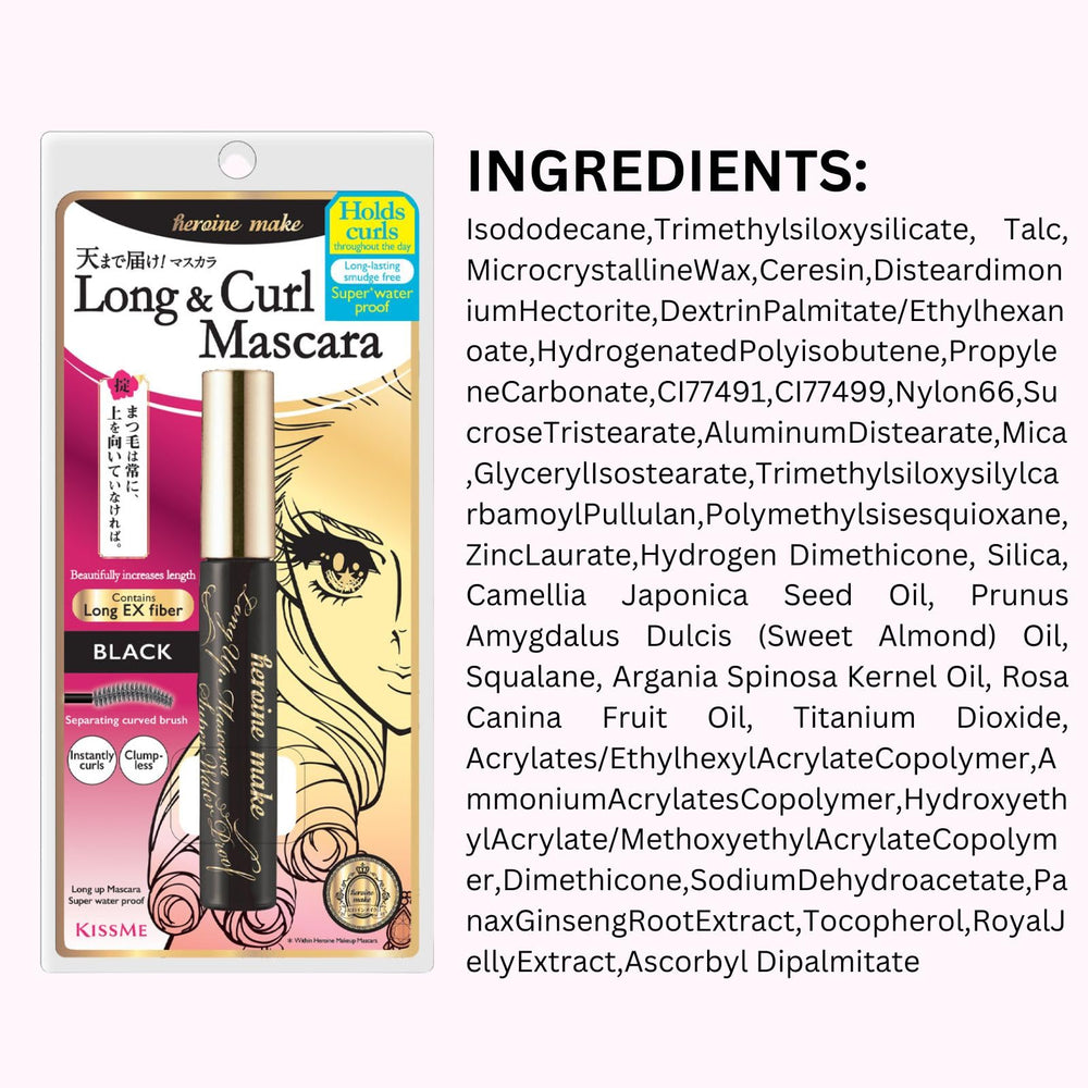 Heroine Make Smudge-Proof Mascara packaging featuring camellia and nourishing ingredients.