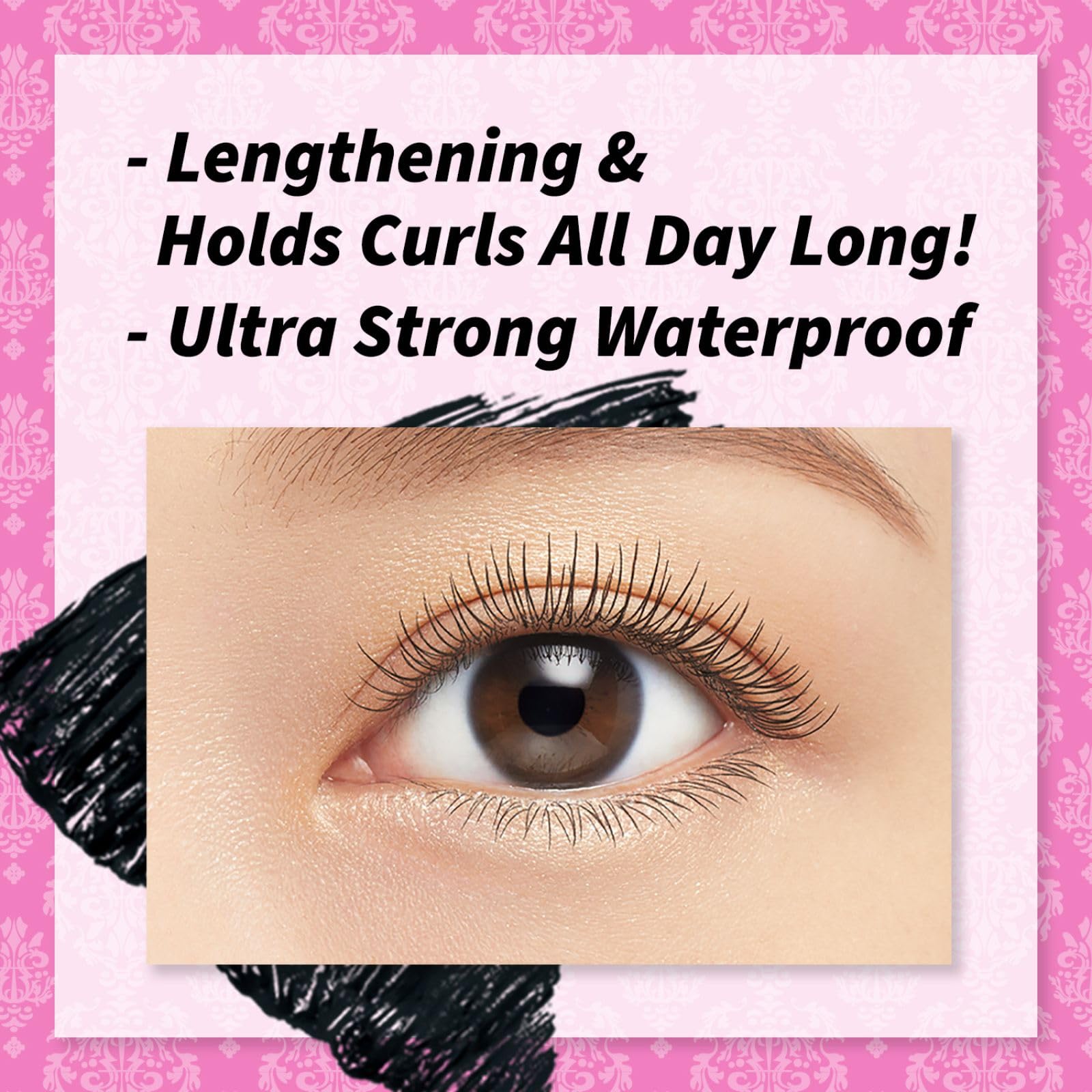 Heroine Make Smudge-Proof Mascara swatch indicating waterproof finish during humidity.