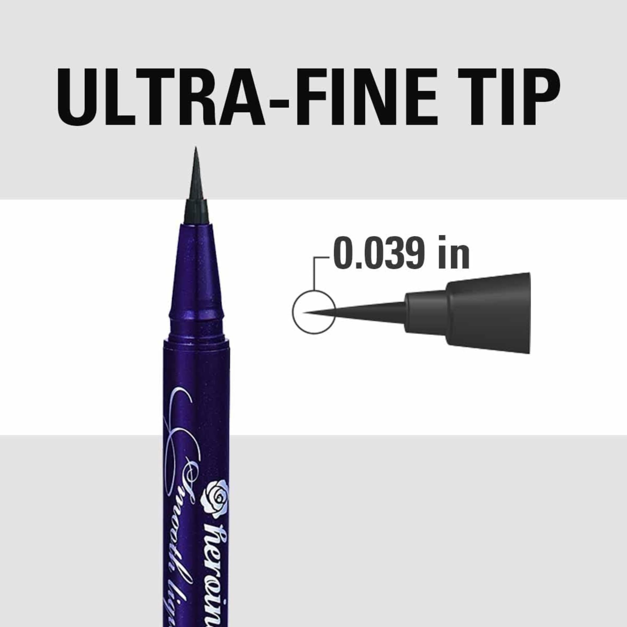 Heroine Make waterproof eyeliner swatch showing bold jet-black shade suitable for dramatic looks.