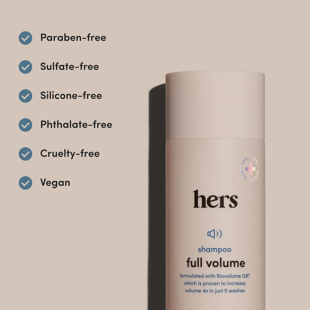 HERS Full Volume Shampoo bathroom scene emphasizes everyday cleansing ritual.