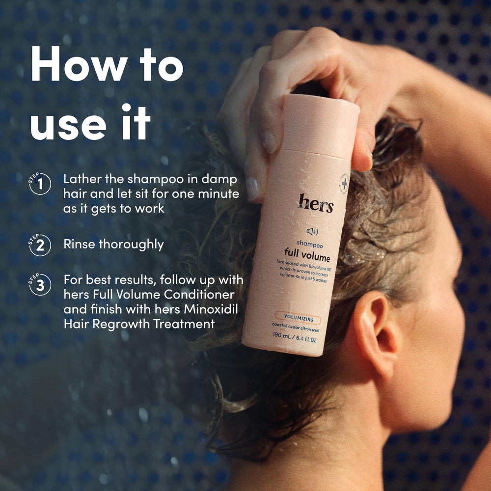 HERS Full Volume Shampoo biotin ingredient close-up signals follicle-friendly formulation.