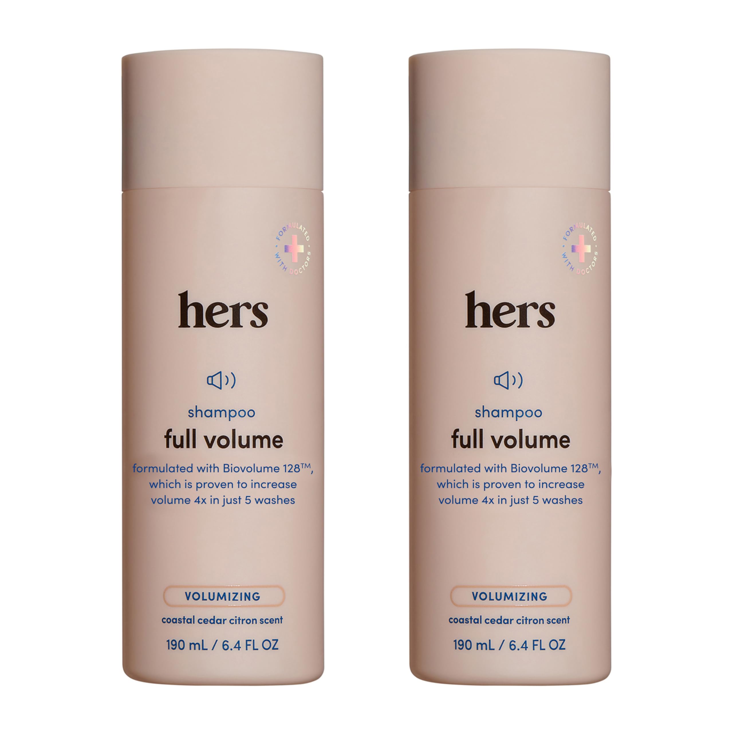 HERS Full Volume Shampoo bottle Coastal Cedar Citron provides lightweight lift for fine hair.