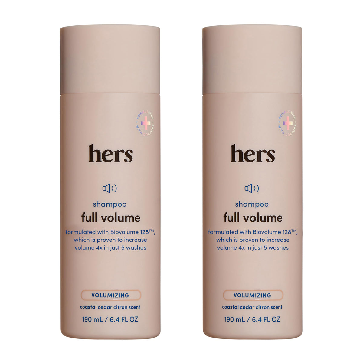 HERS Full Volume Shampoo bottle Coastal Cedar Citron provides lightweight lift for fine hair.