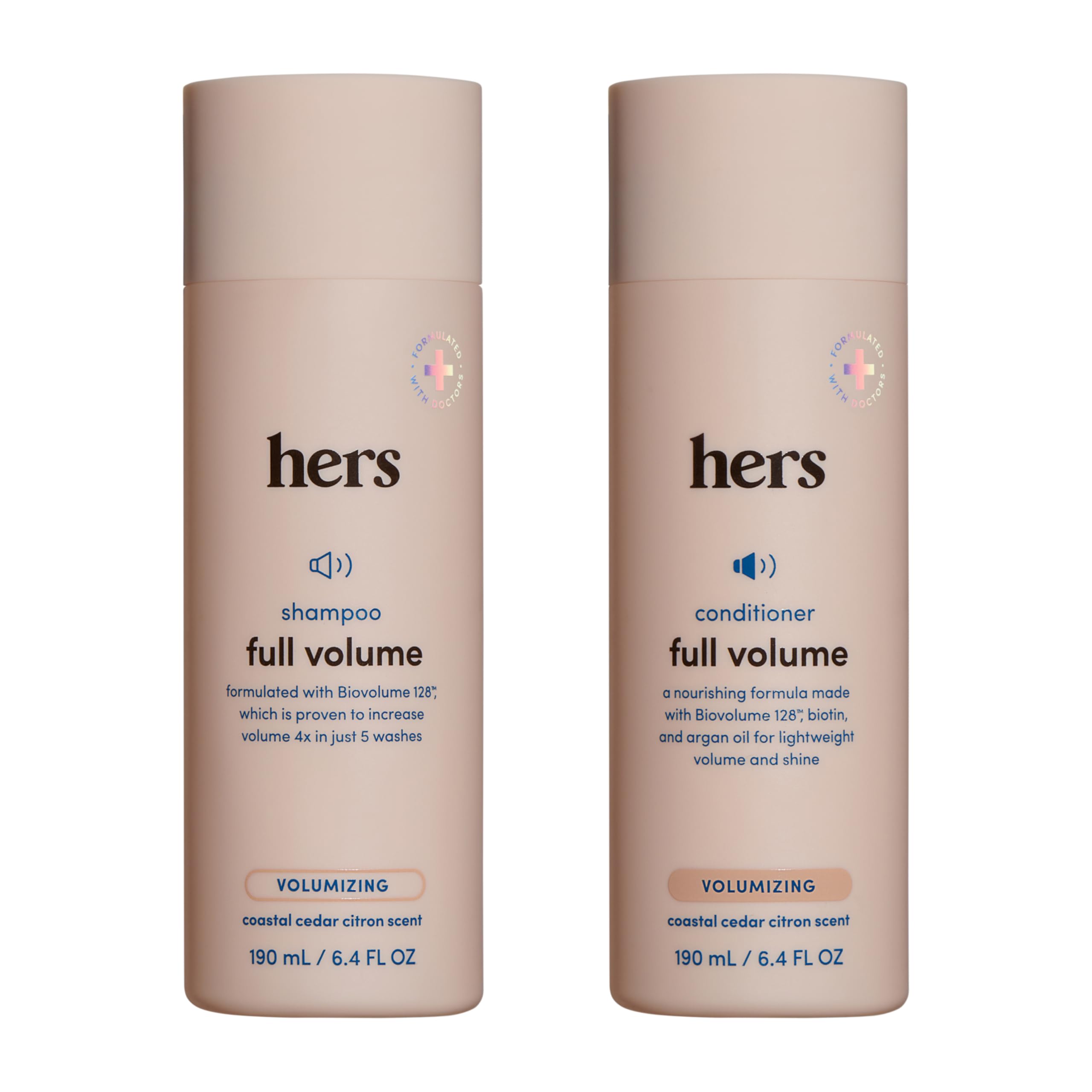 Hers Full Volume shampoo bottle with Coastal Cedar Citron scent boosts lightweight volume
