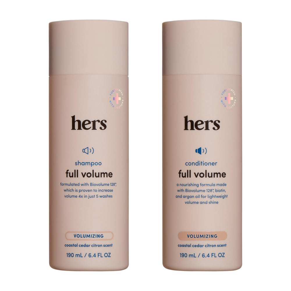 Hers Full Volume shampoo bottle with Coastal Cedar Citron scent boosts lightweight volume