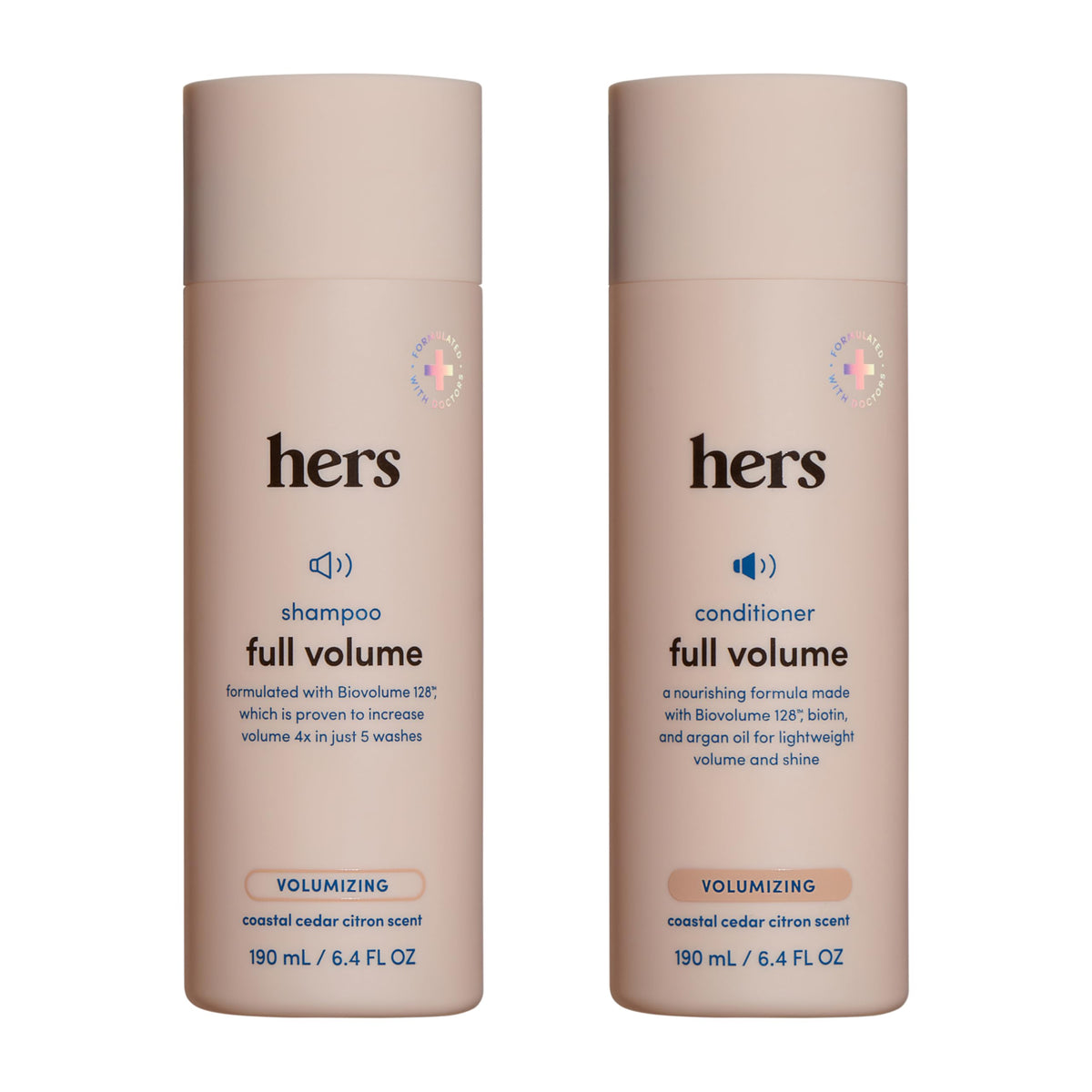 Hers Full Volume shampoo bottle with Coastal Cedar Citron scent boosts lightweight volume