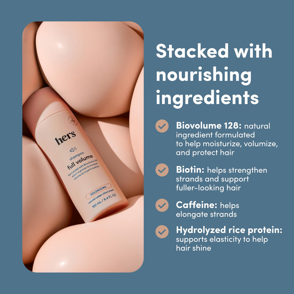 HERS Full Volume Shampoo bottle label detail communicates clean ingredients.