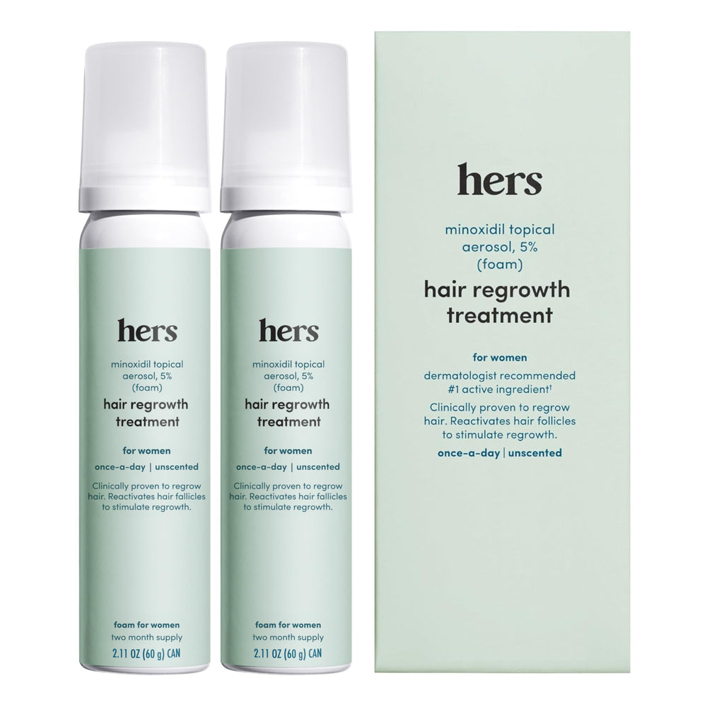 HIMS & HERS hair regrowth foam bottle close-up for easy daily use.