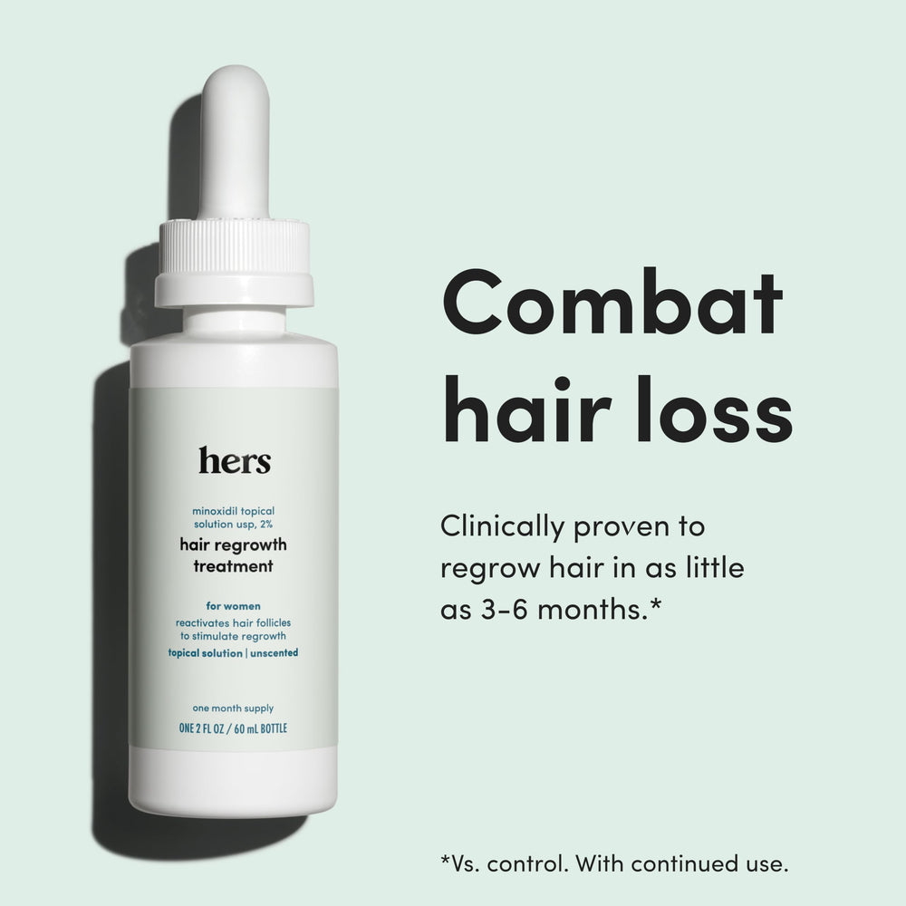 hers Hair Regrowth Solution pump demonstrates easy daily scalp application.