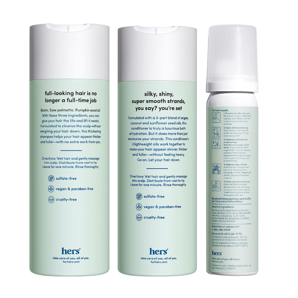 Hims & Hers triple-threat conditioner bottle delivering lightweight moisture for damaged hair