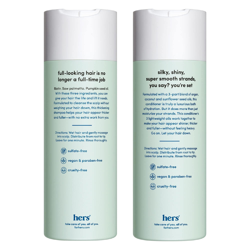 hers triple-threat conditioner tube closeup showing smooth strands