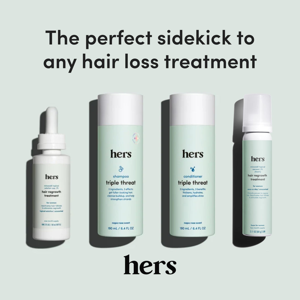 hers triple threat shampoo post-wash scalp feeling refreshed and clean