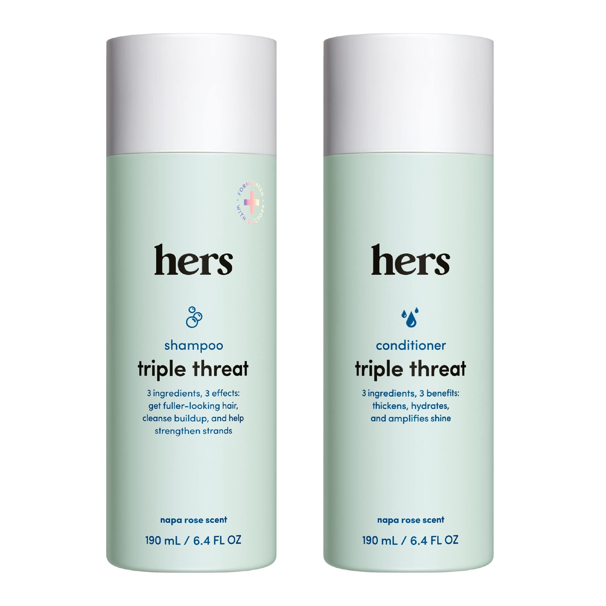 hers triple-threat shampoo bottle closeup for fuller-looking hair
