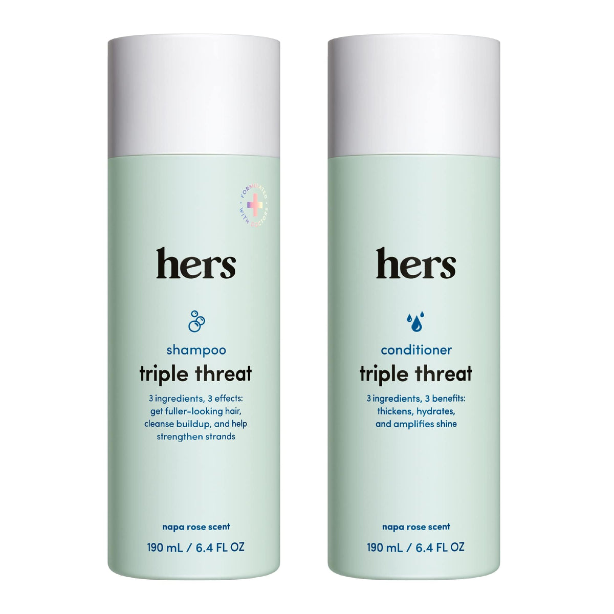 hers triple-threat shampoo bottle closeup for fuller-looking hair