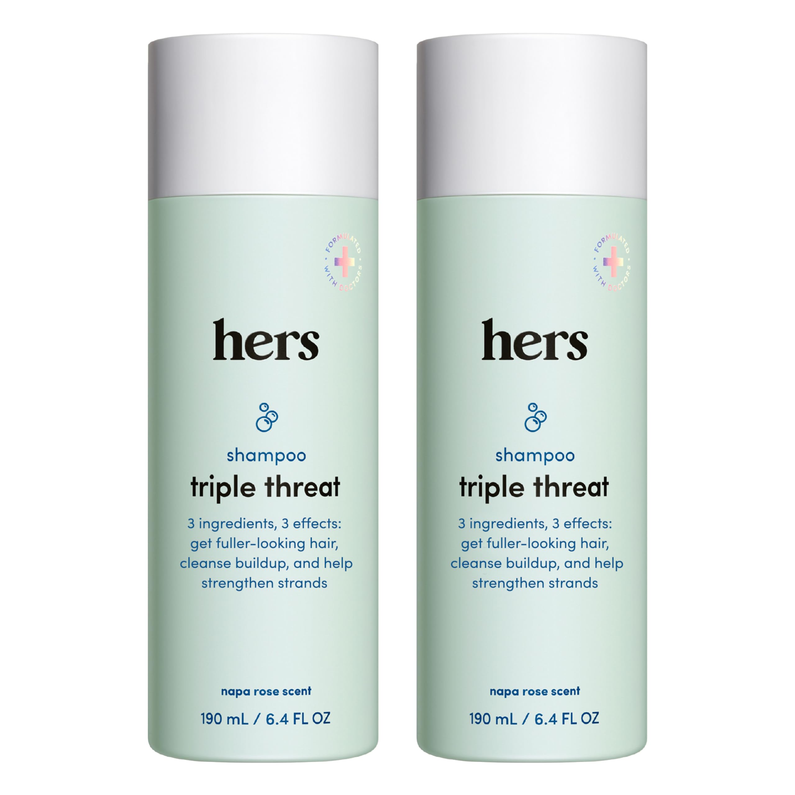 hers triple threat shampoo bottle front view in a 2-pack for convenient cleansing