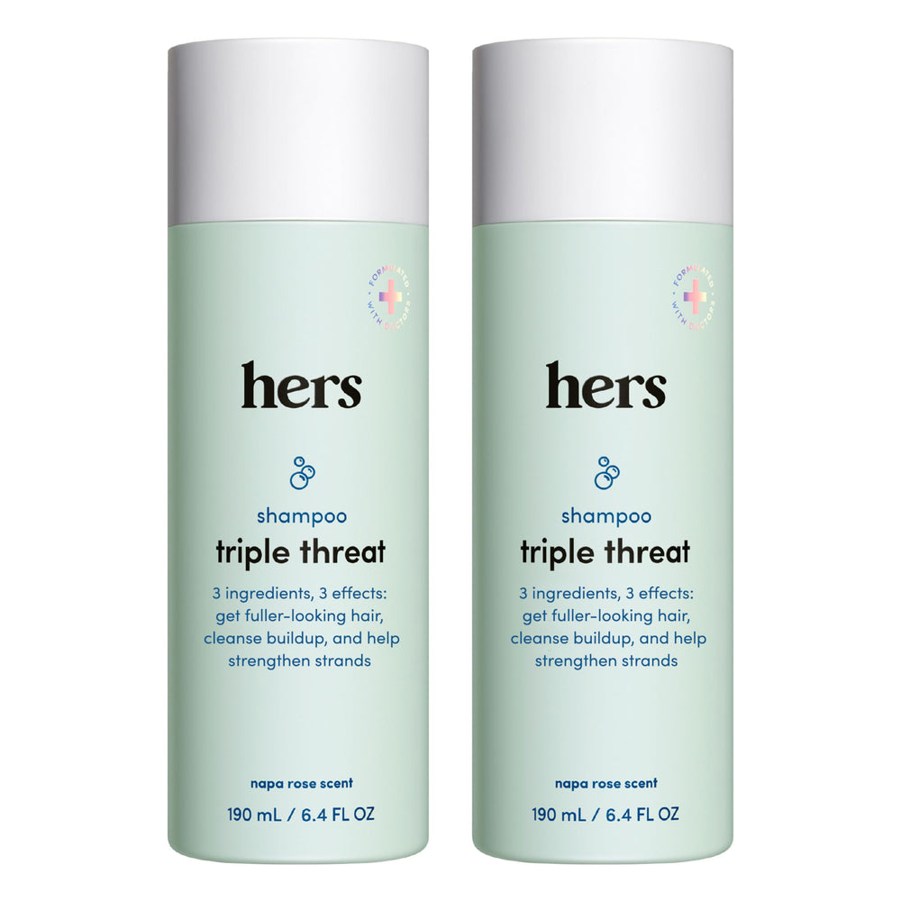 hers triple threat shampoo bottle front view in a 2-pack for convenient cleansing