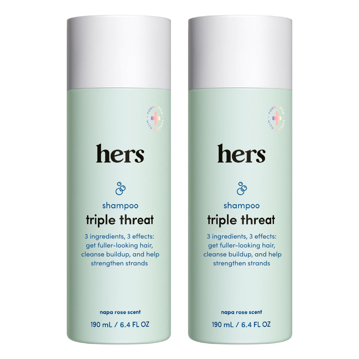 hers triple threat shampoo bottle front view in a 2-pack for convenient cleansing