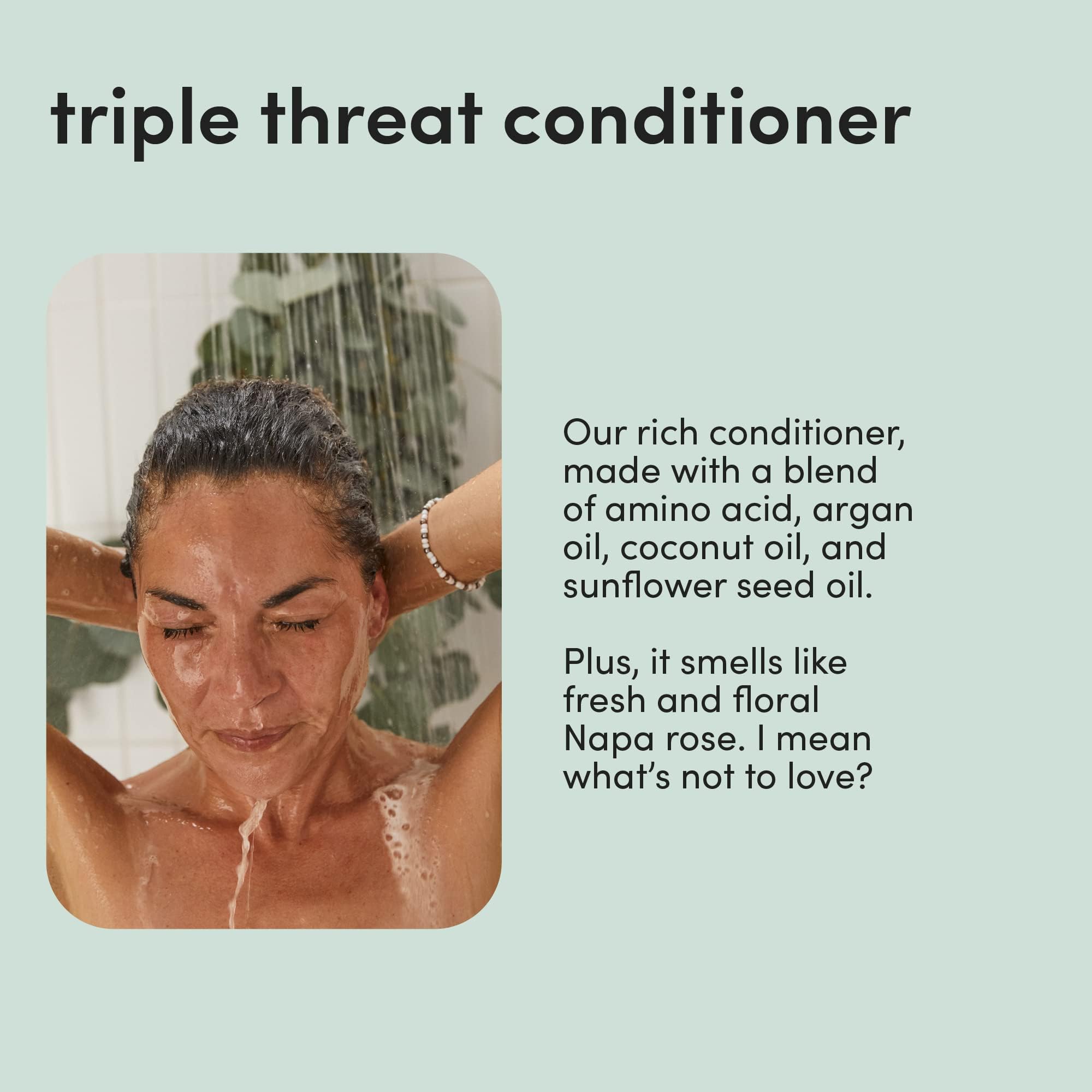 hers triple-threat shampoo bottle on sink with clean styling scene