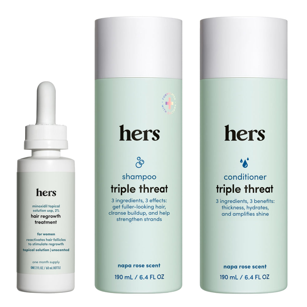 hers triple threat shampoo bottle showing color-safe thickening formula.