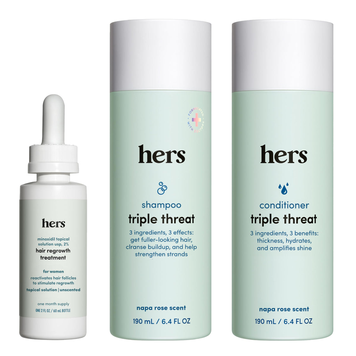 hers triple threat shampoo bottle showing color-safe thickening formula.