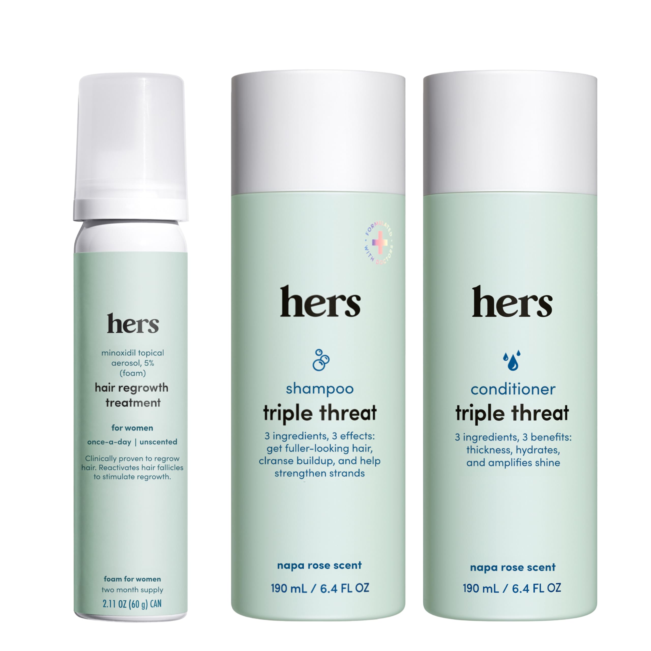 Hims & Hers triple-threat shampoo bottle showing fuller-looking hair during cleansing