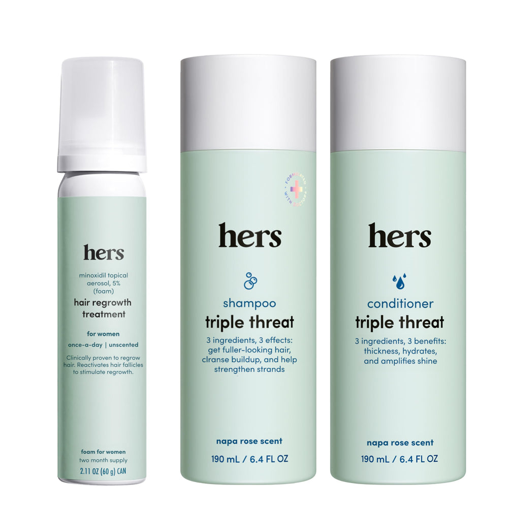Hims & Hers triple-threat shampoo bottle showing fuller-looking hair during cleansing
