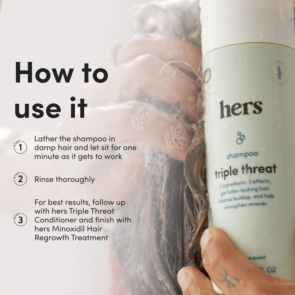 hers triple threat shampoo 2-pack packaging on shelf for value
