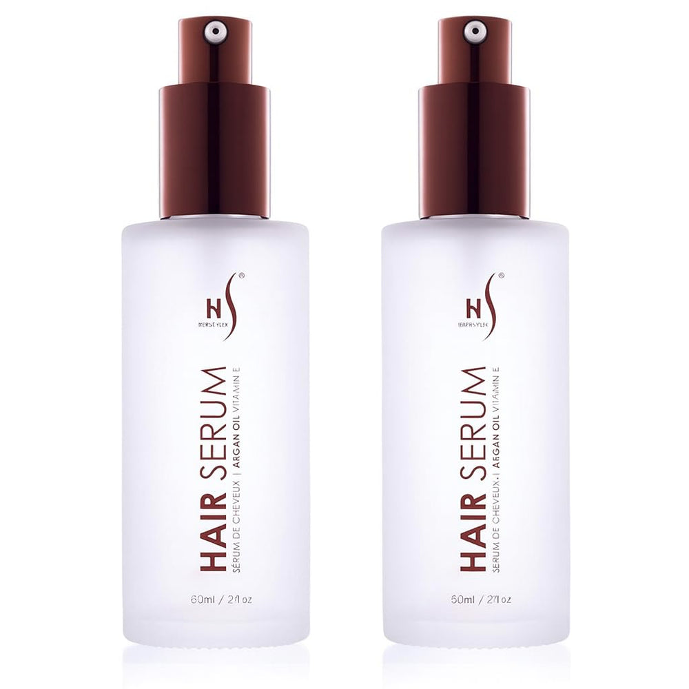 HerStyler Argan Oil Serum bottle delivers glossy shine and frizz control for all hair types